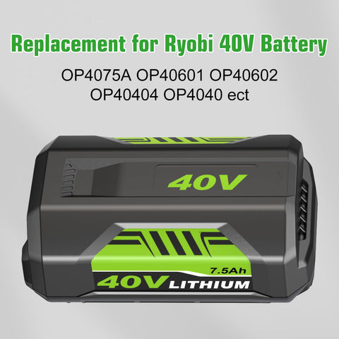 Fhybat Ryobi 40V battery for lawn care, mower, trimmer, and blower.