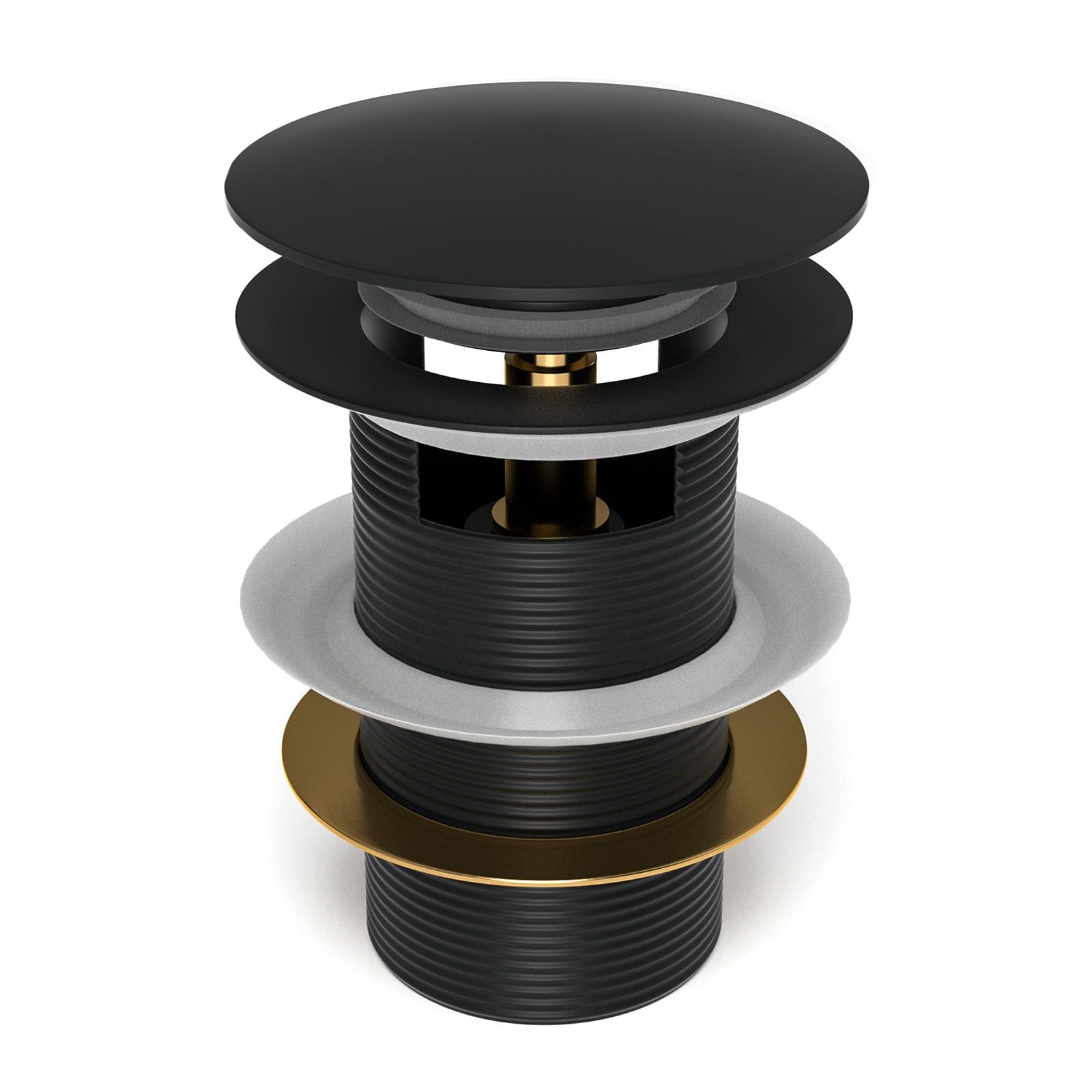 Fibetter pop-up drain cover close-up in matte black showing a durable finish.