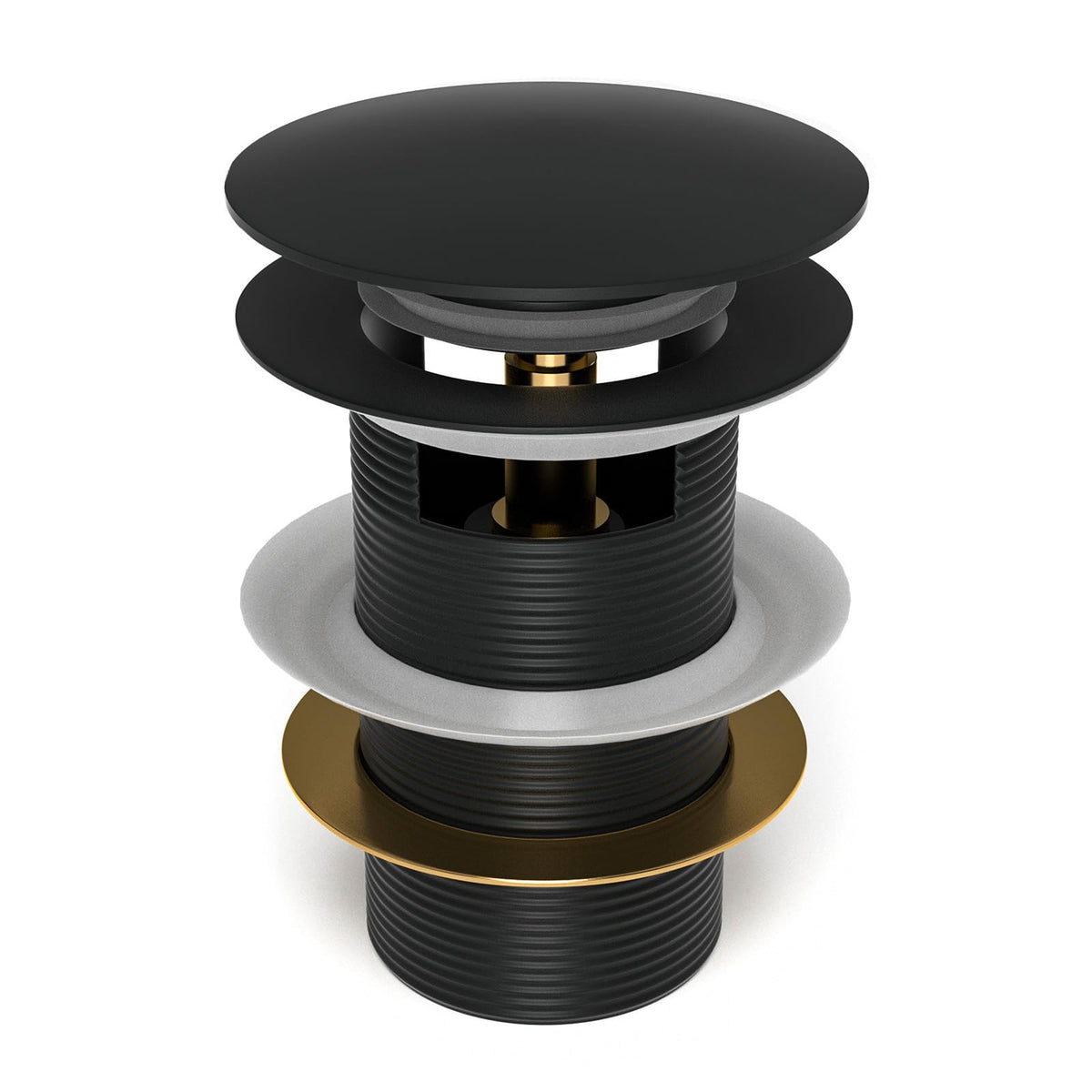Fibetter pop-up drain cover close-up in matte black showing a durable finish.
