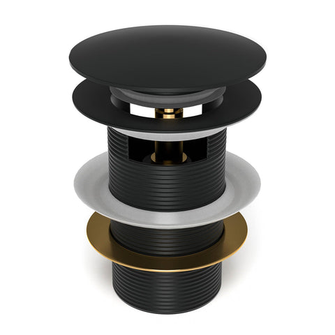 Fibetter pop-up drain cover close-up in matte black showing a durable finish.
