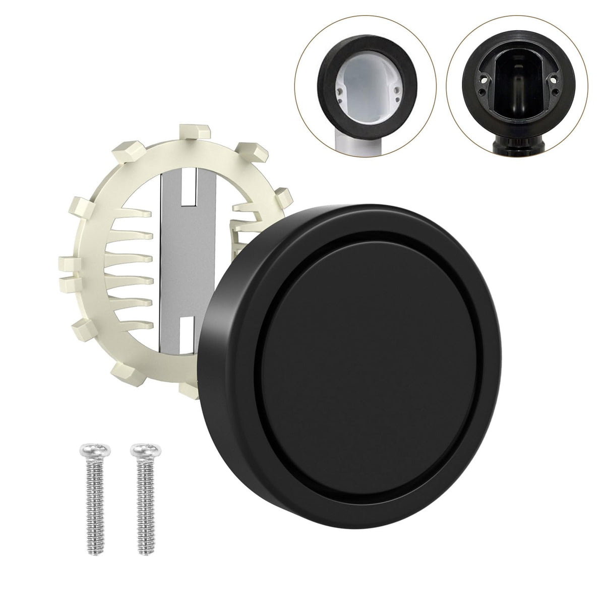 Fibetter tub overflow cover in matte black, front view, rust-free and durable