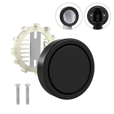 Fibetter tub overflow cover in matte black, front view, rust-free and durable