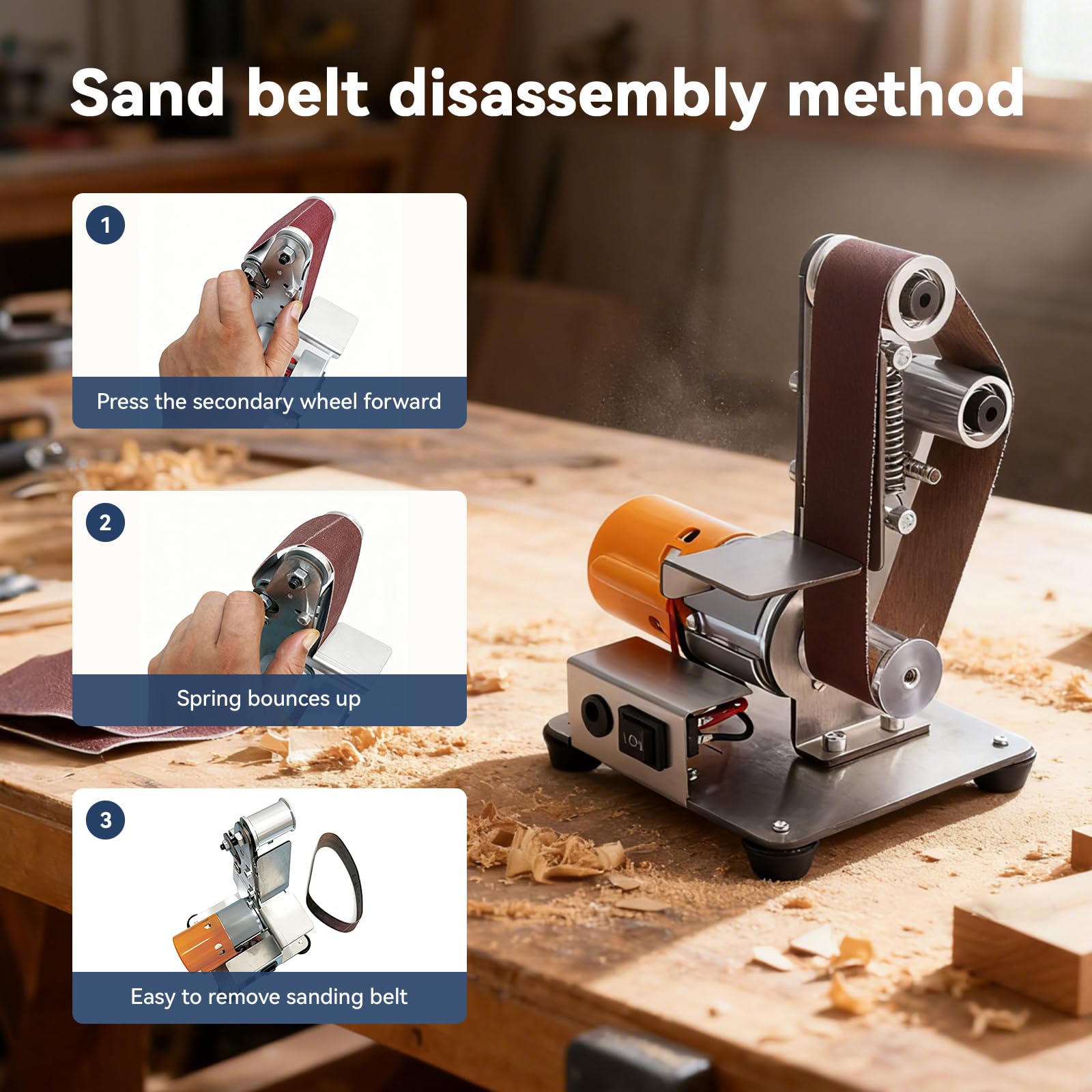 Accessories kit includes belts, wheels, and polishing compounds for multipurpose use.