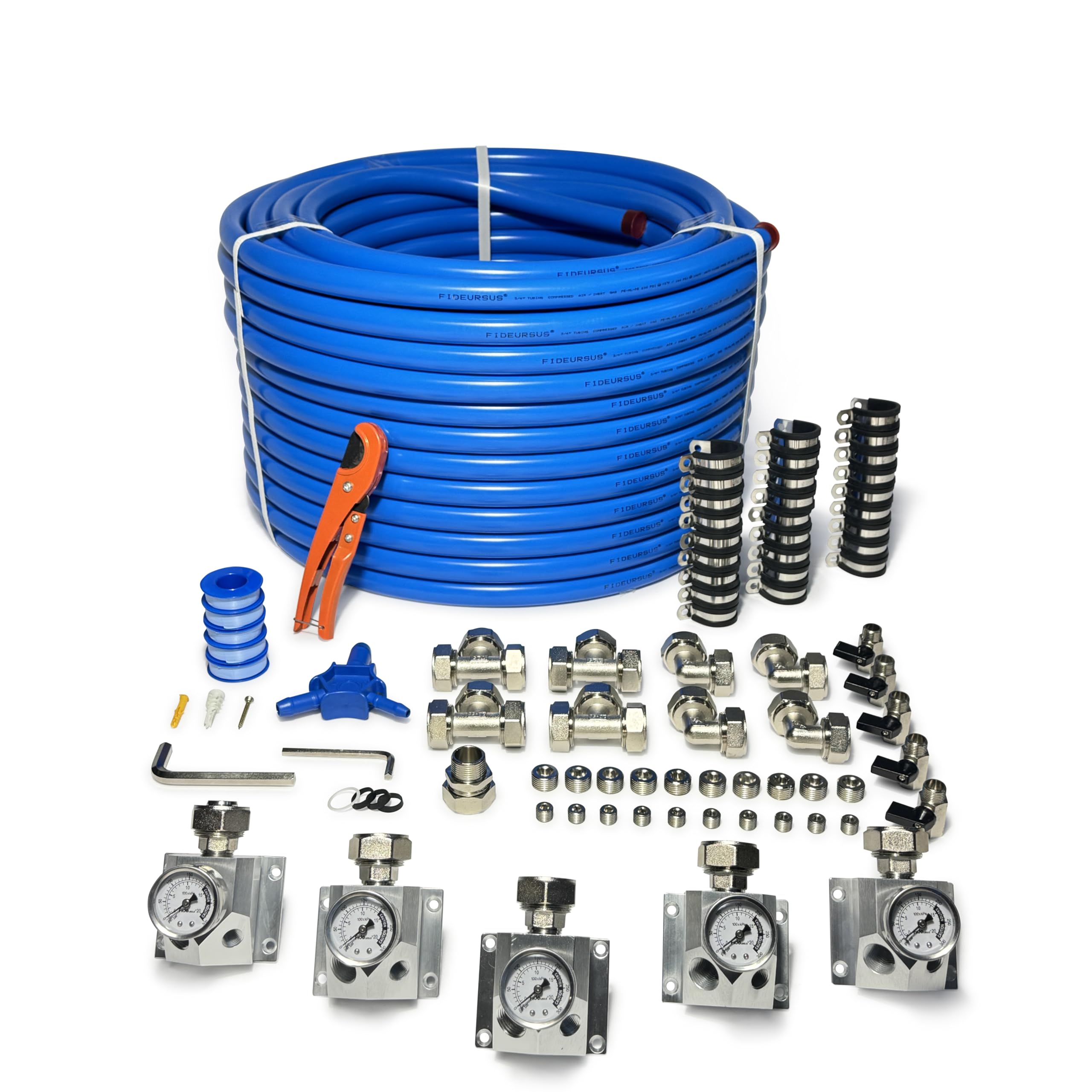 Fideursus 5-way aluminum manifold with pressure gauge showing shop air distribution capability