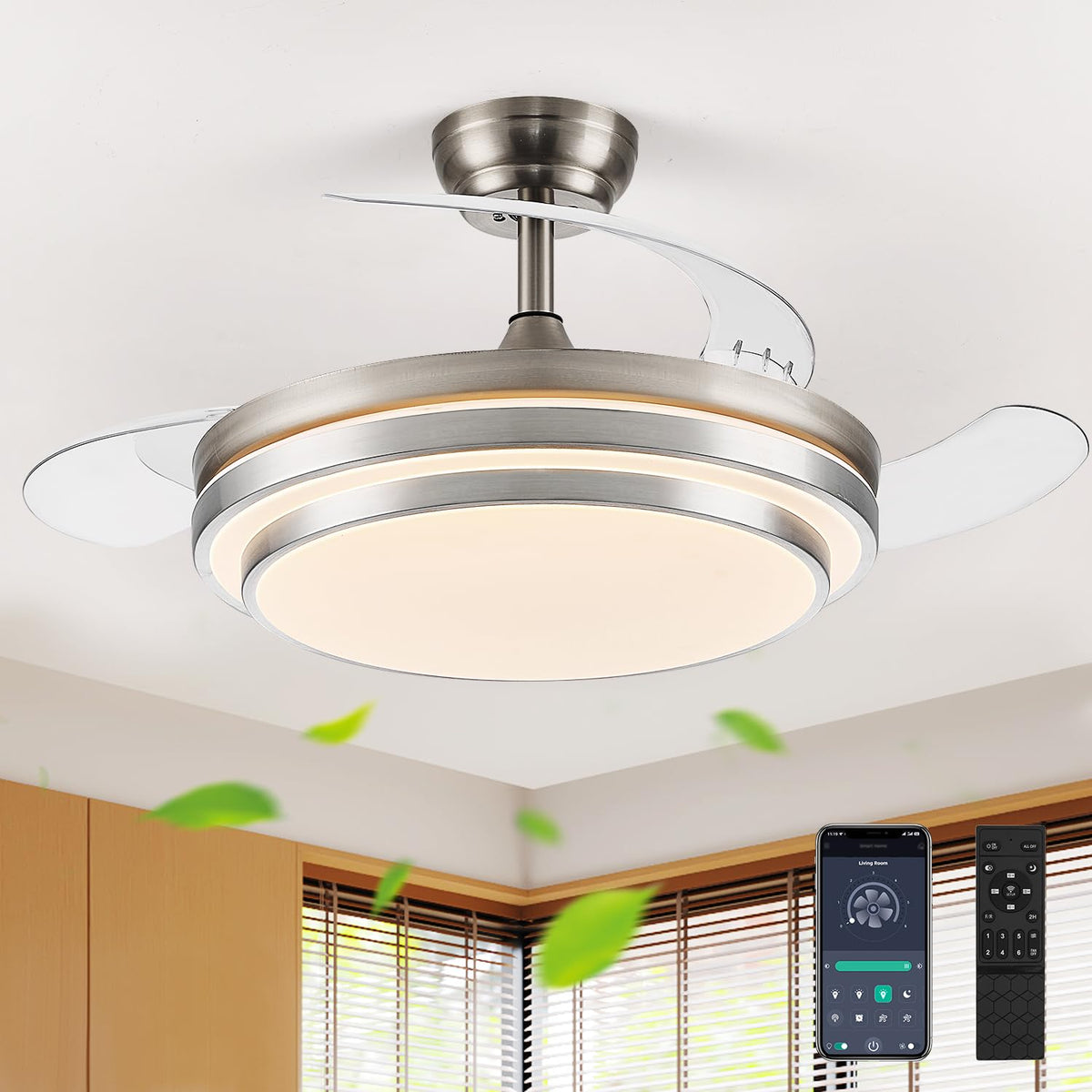 FIDGRA 42-inch fandelier with light close-up, showcasing modern design for living spaces.