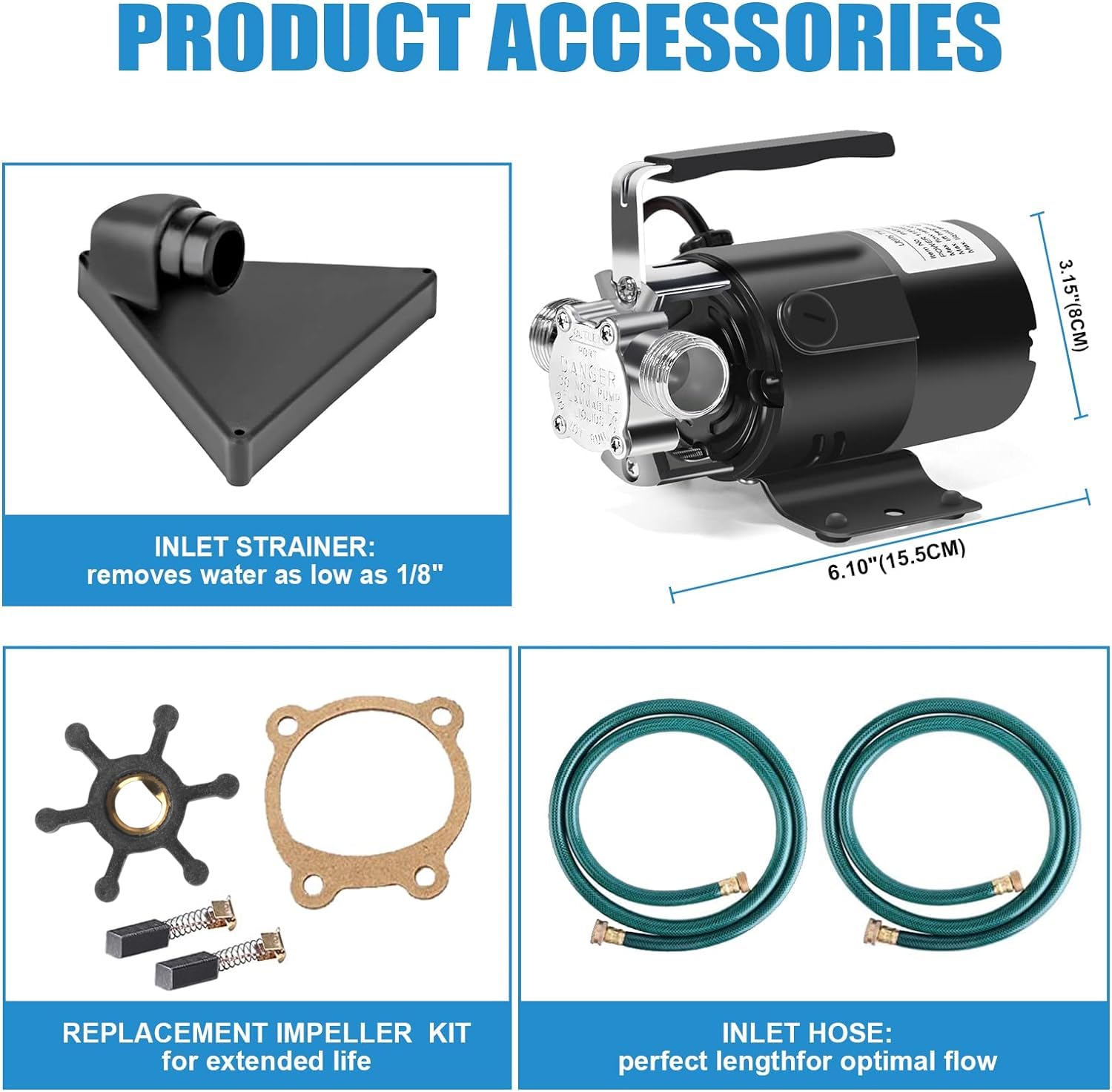 FIDISP water transfer pump with six-foot hoses for versatile use.