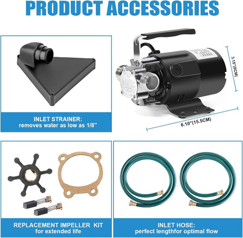 FIDISP water transfer pump with six-foot hoses for versatile use.