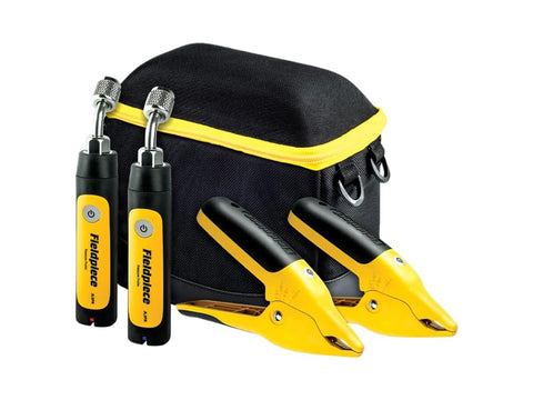 Fieldpiece JL3KR4 HVACR Charge Kit probe illustrating the 350 ft wireless range for on-site testing.