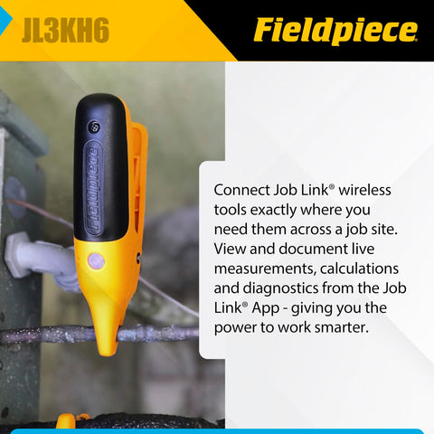 Fieldpiece probe placed on a duct for precise HVACR measurement.