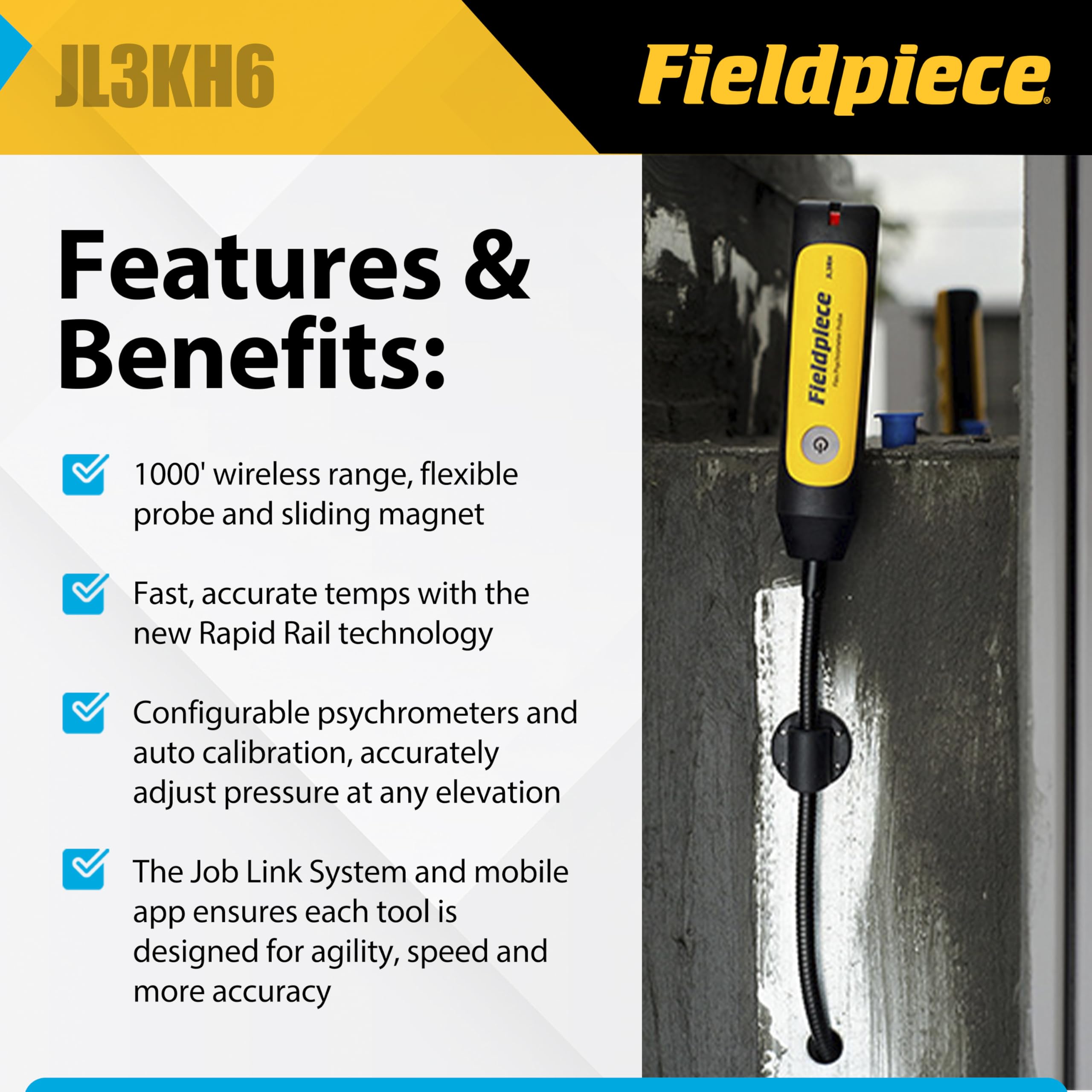 Fieldpiece rapid rail technology close-up for stable readings.