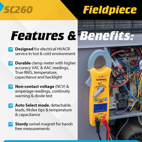 Fieldpiece SC260 display close-up shows True RMS and backlight visibility.