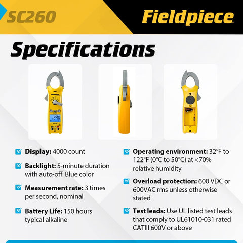 Fieldpiece SC260 temperature and capacitance readout for quick diagnostics.