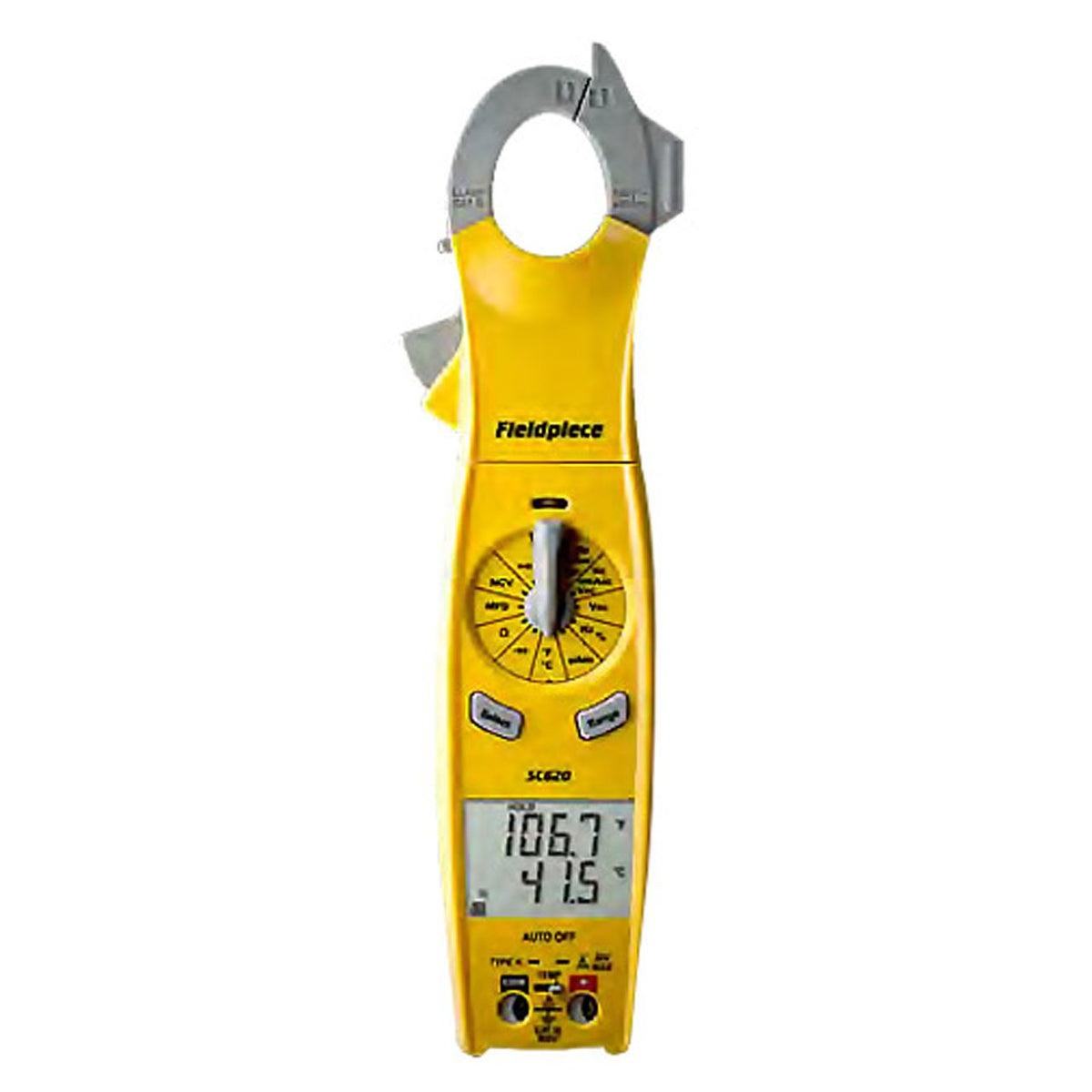 Fieldpiece SC640 clamp meter with swivel head for versatile HVACR measurements.