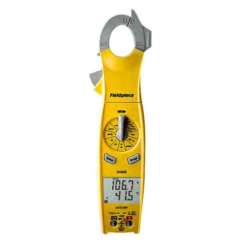 Fieldpiece SC640 clamp meter with swivel head for versatile HVACR measurements.