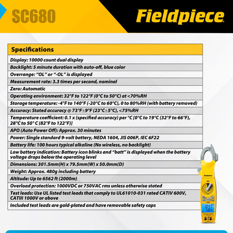 Fieldpiece SC680 dual display with backlight for quick readings in dim spaces.