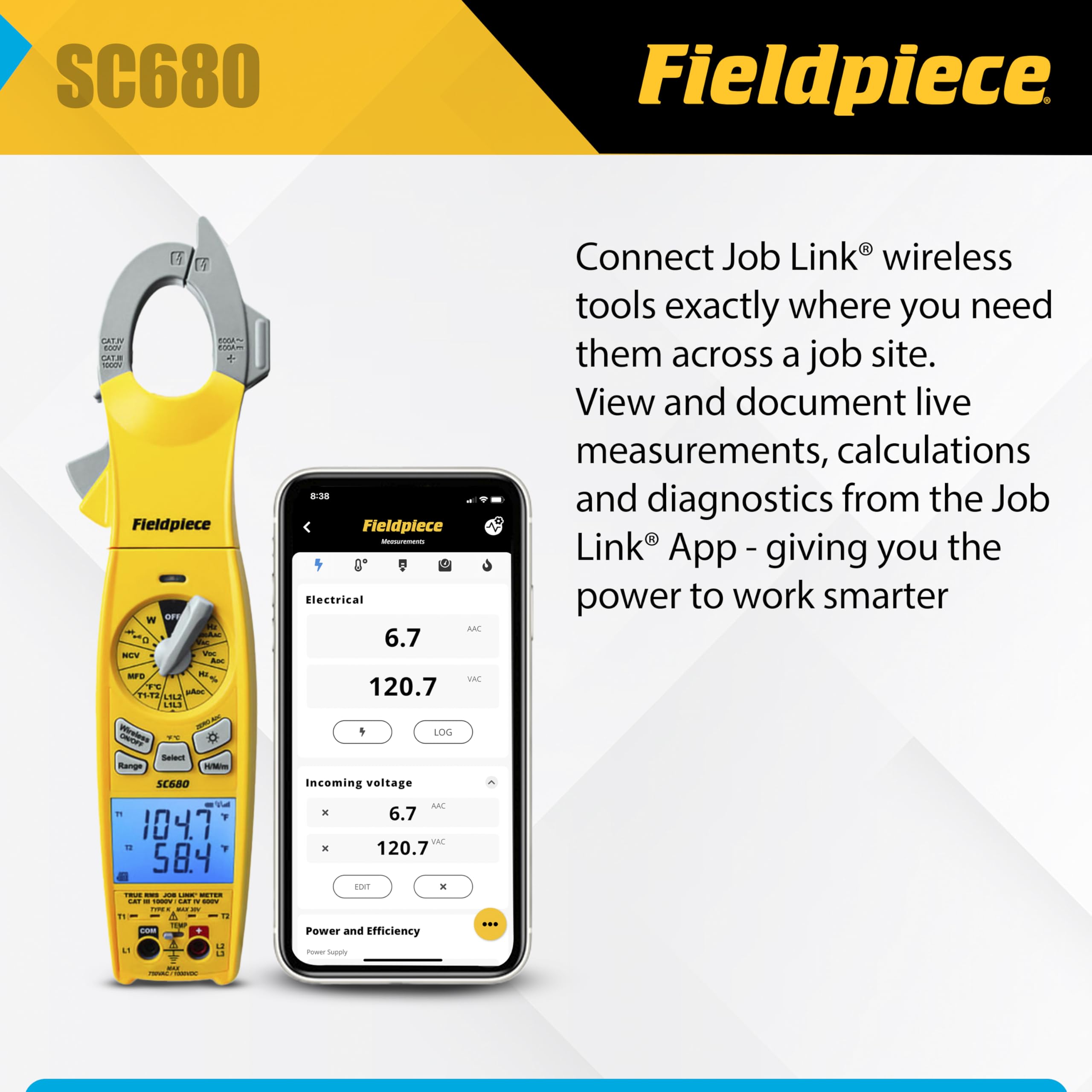 Fieldpiece SC680 measures voltage, resistance, and capacitance for broad checks.