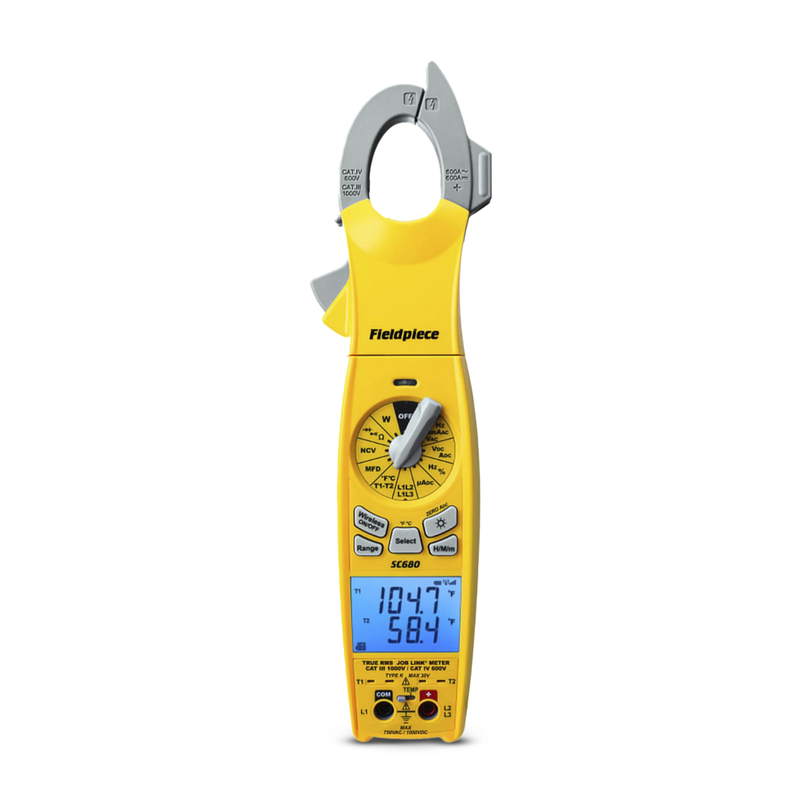 Fieldpiece SC680 swiveling clamp meter with open jaws for versatile HVACR testing.