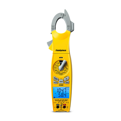 Fieldpiece SC680 swiveling clamp meter with open jaws for versatile HVACR testing.