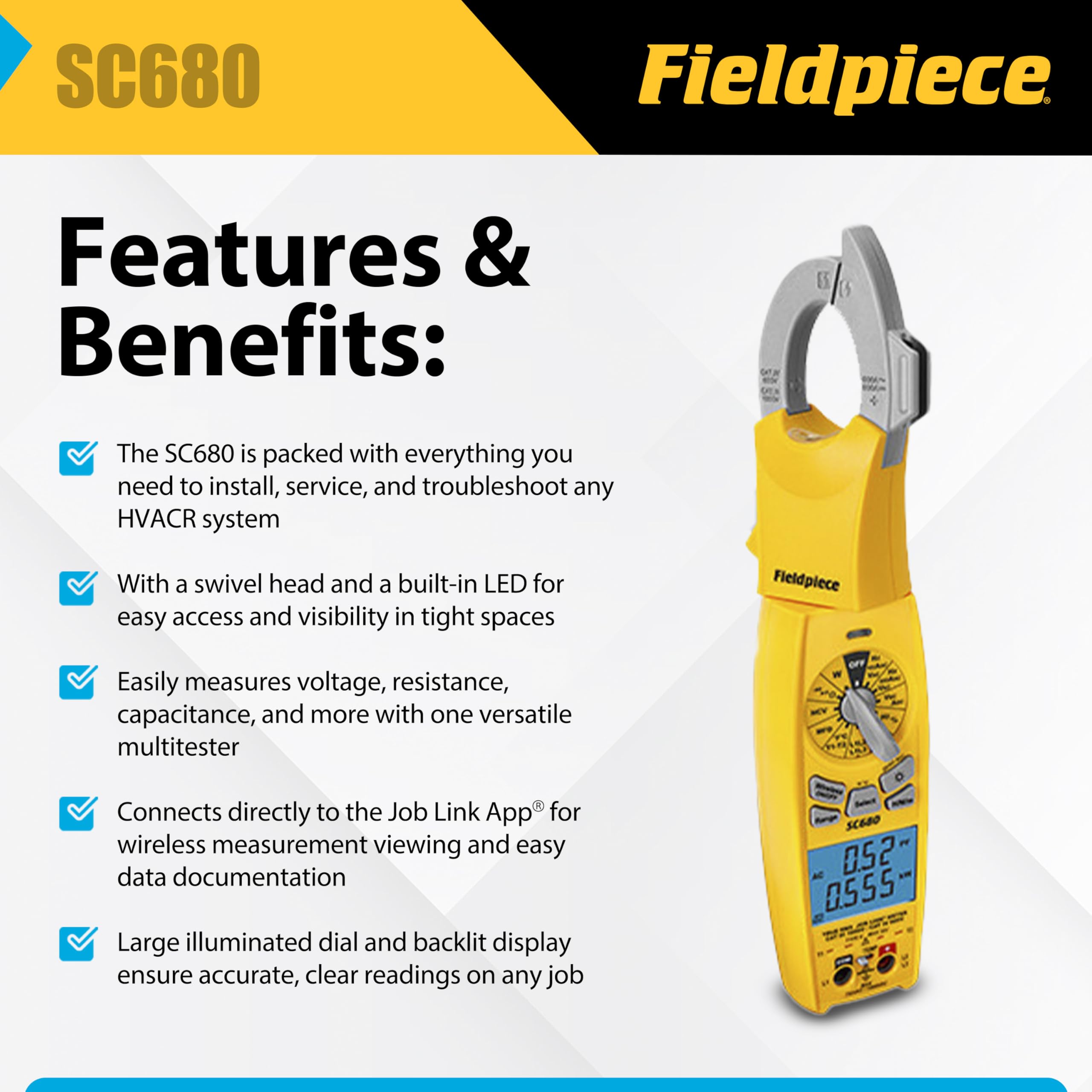 Fieldpiece SC680 wireless measurement view showing on-site data transfer.