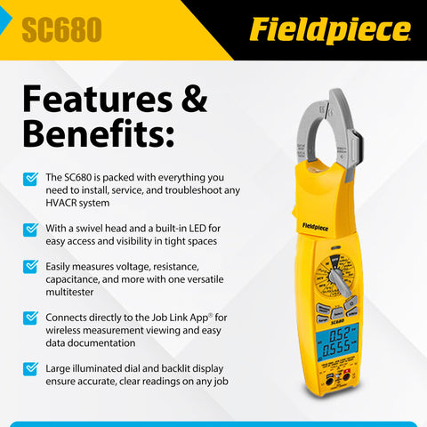 Fieldpiece SC680 wireless measurement view showing on-site data transfer.
