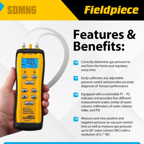 Fieldpiece SDMN6 back view highlights controls for field testing.