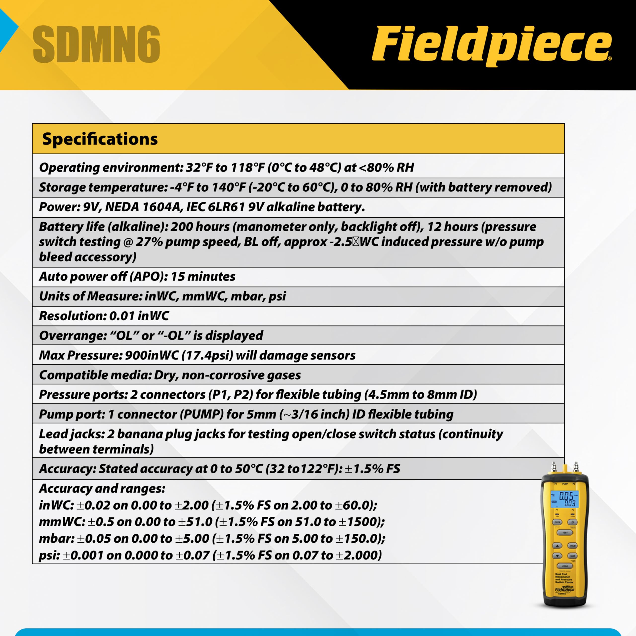 Fieldpiece SDMN6 dual display for easy gas and differential pressure readings.