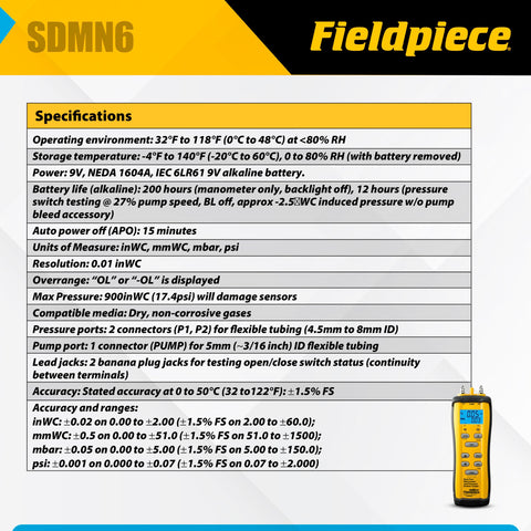 Fieldpiece SDMN6 dual display for easy gas and differential pressure readings.