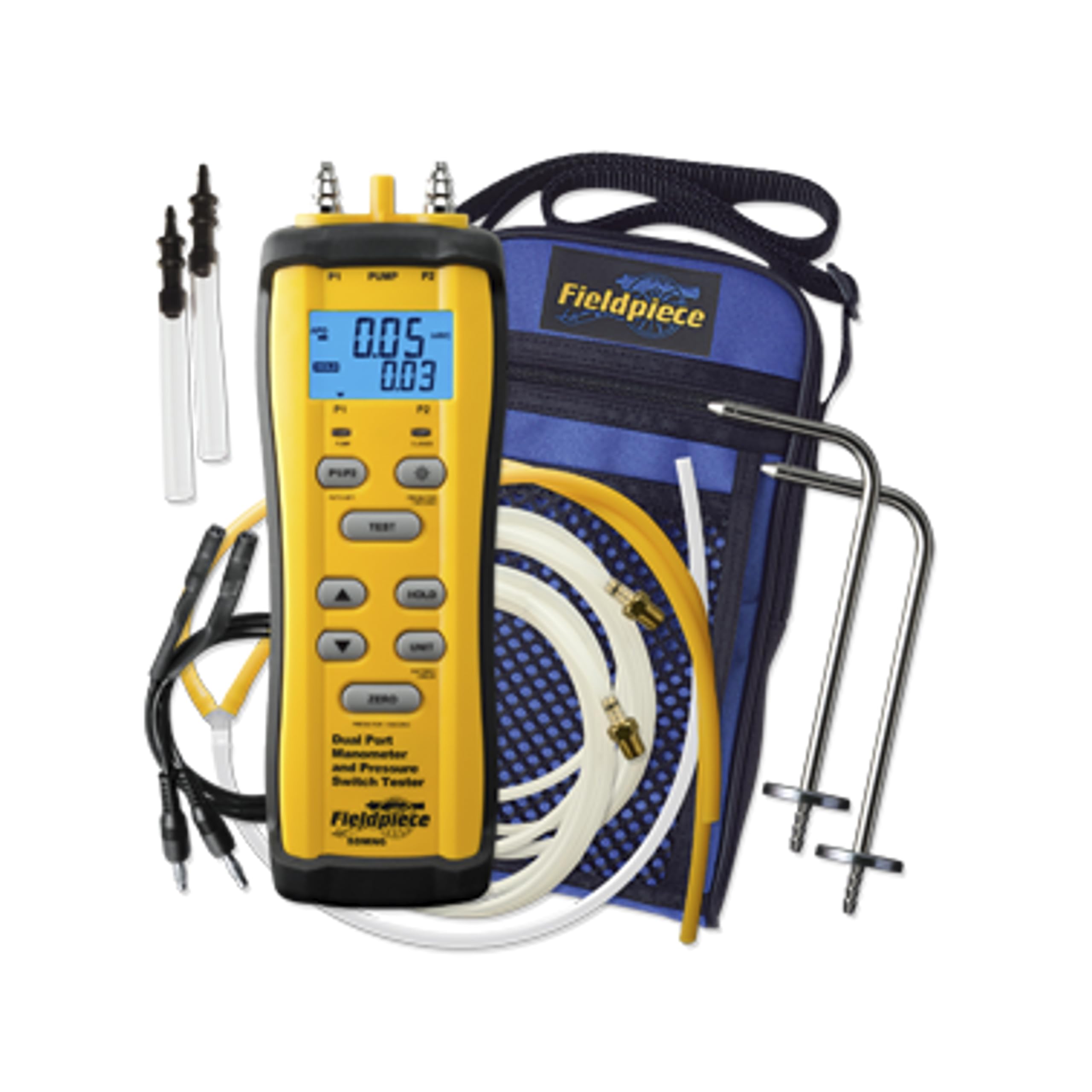 Fieldpiece SDMN6 front view showing compact tester for gas pressure.