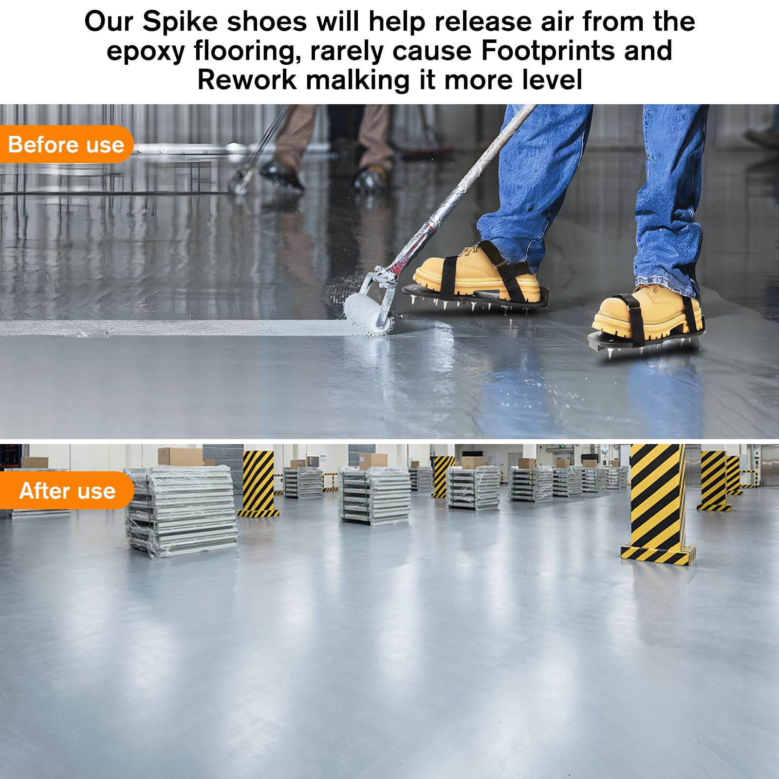 FIETODK spike shoes in action during floor epoxy application.