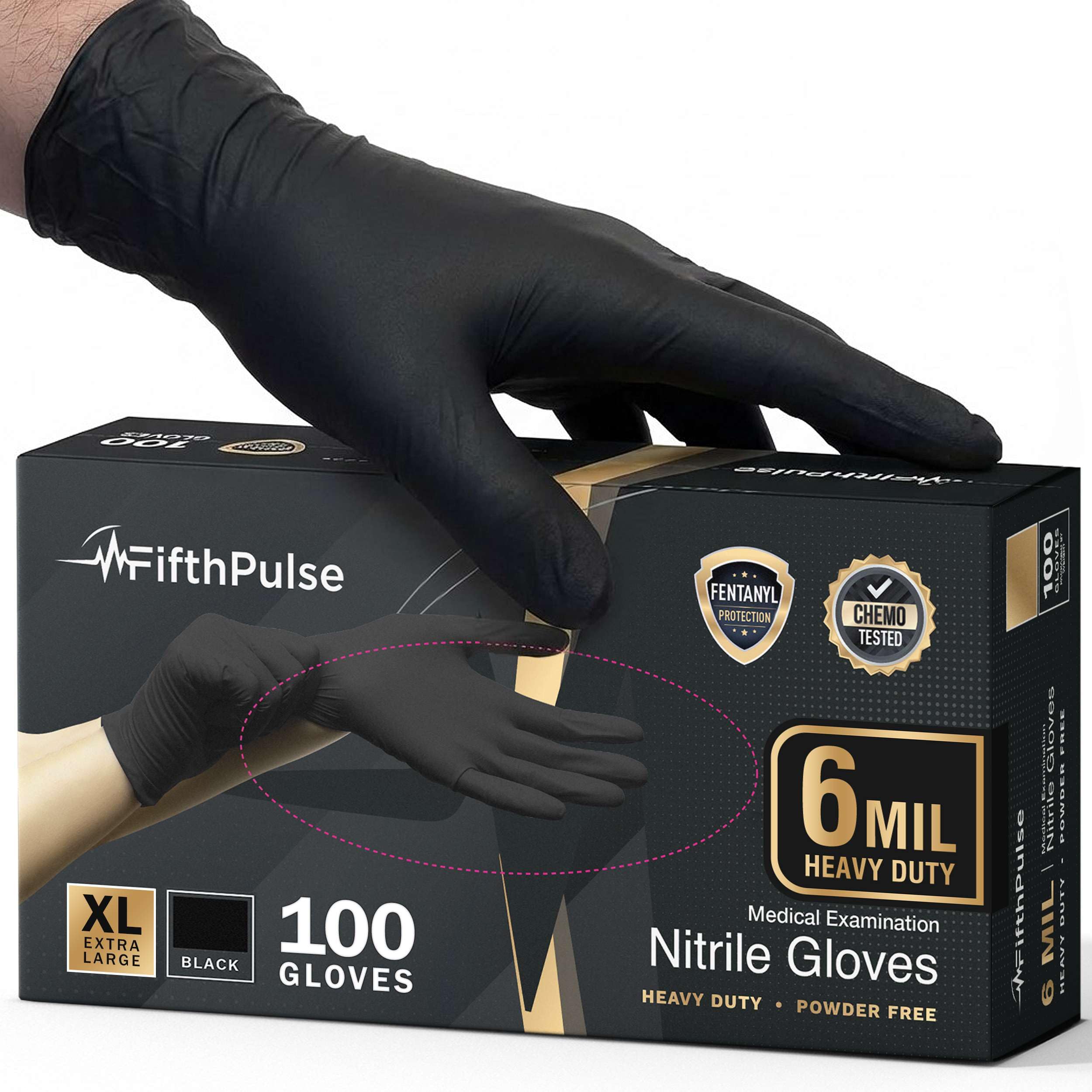 FifthPulse 6 Mil Black Nitrile Gloves pack front for all-day protection