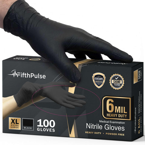 FifthPulse 6 Mil Black Nitrile Gloves pack front for all-day protection
