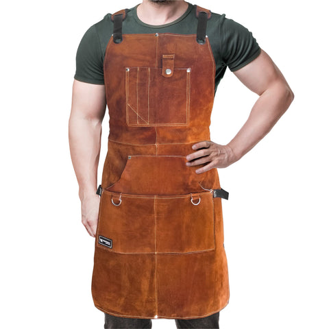 FIGHTECH Leather Welding Apron full front view showing coverage and protection