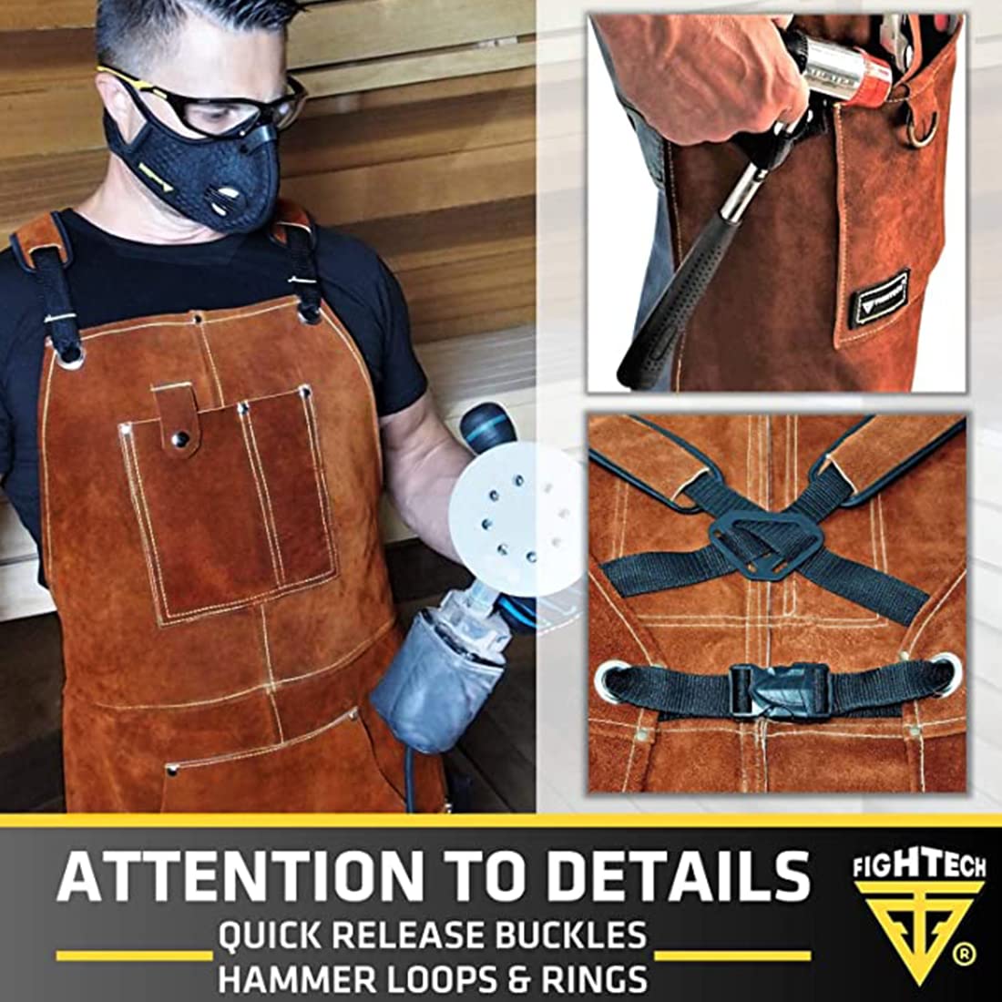 FIGHTECH Leather Welding Apron metal tape holder and towel ring for essentials
