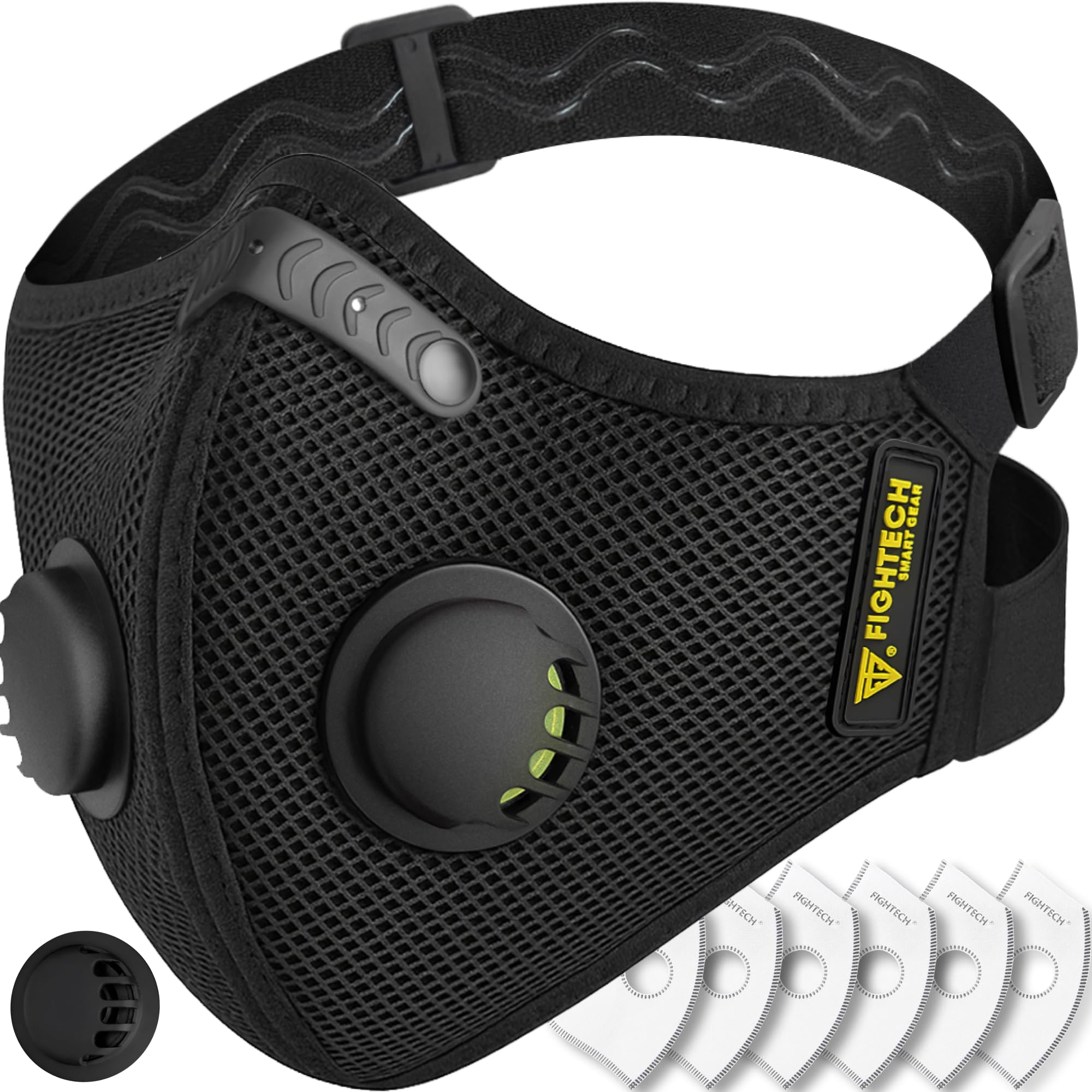 FIGHTECH dust mask front view showing sleek black design for comfortable all-day use