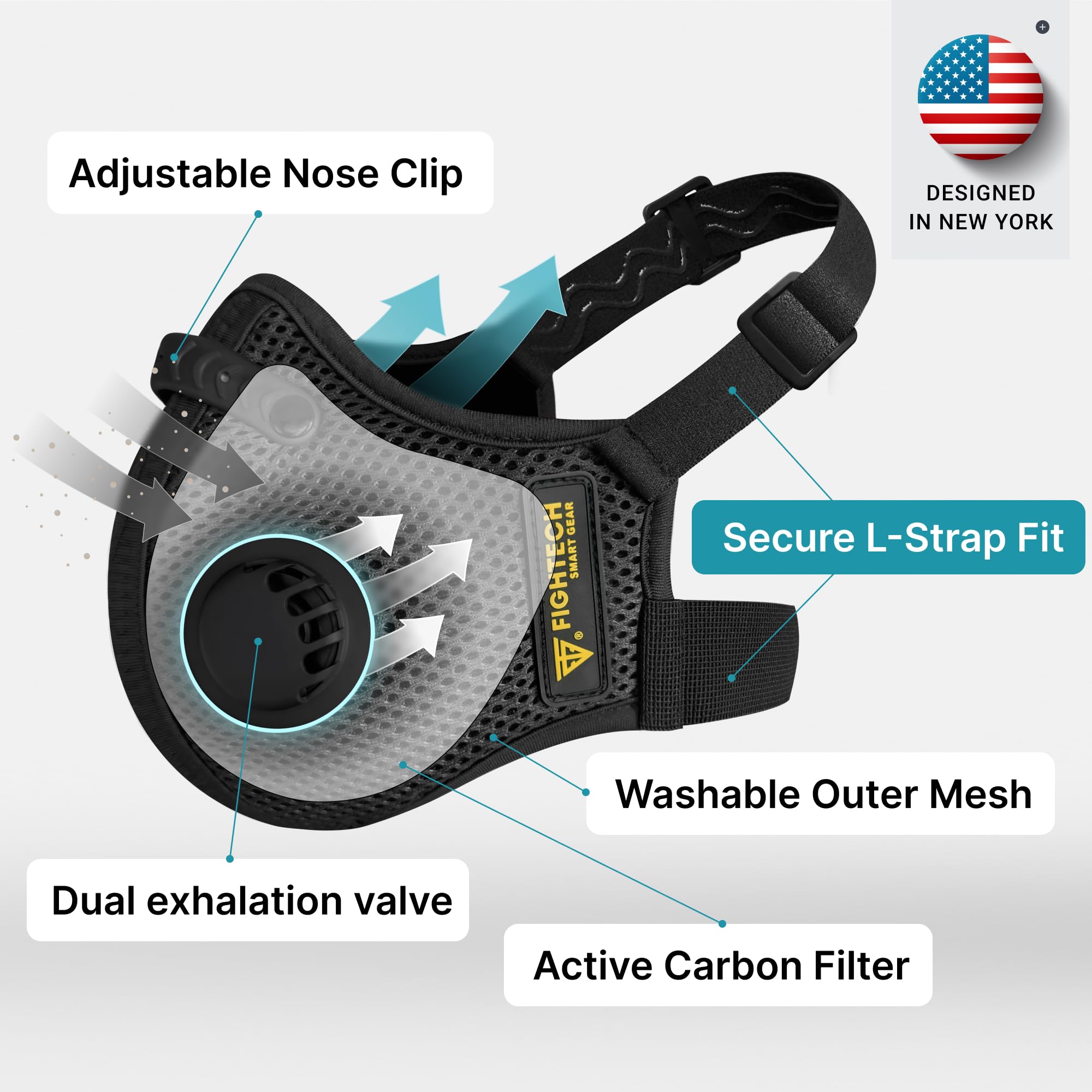 FIGHTECH dust mask upper-strap adjustment ensures secure fit during movement