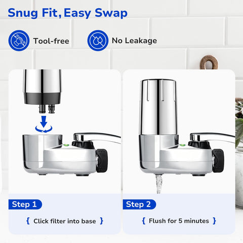 Fil-Fresh chrome finish filter cartridge beside faucet for sleek look.