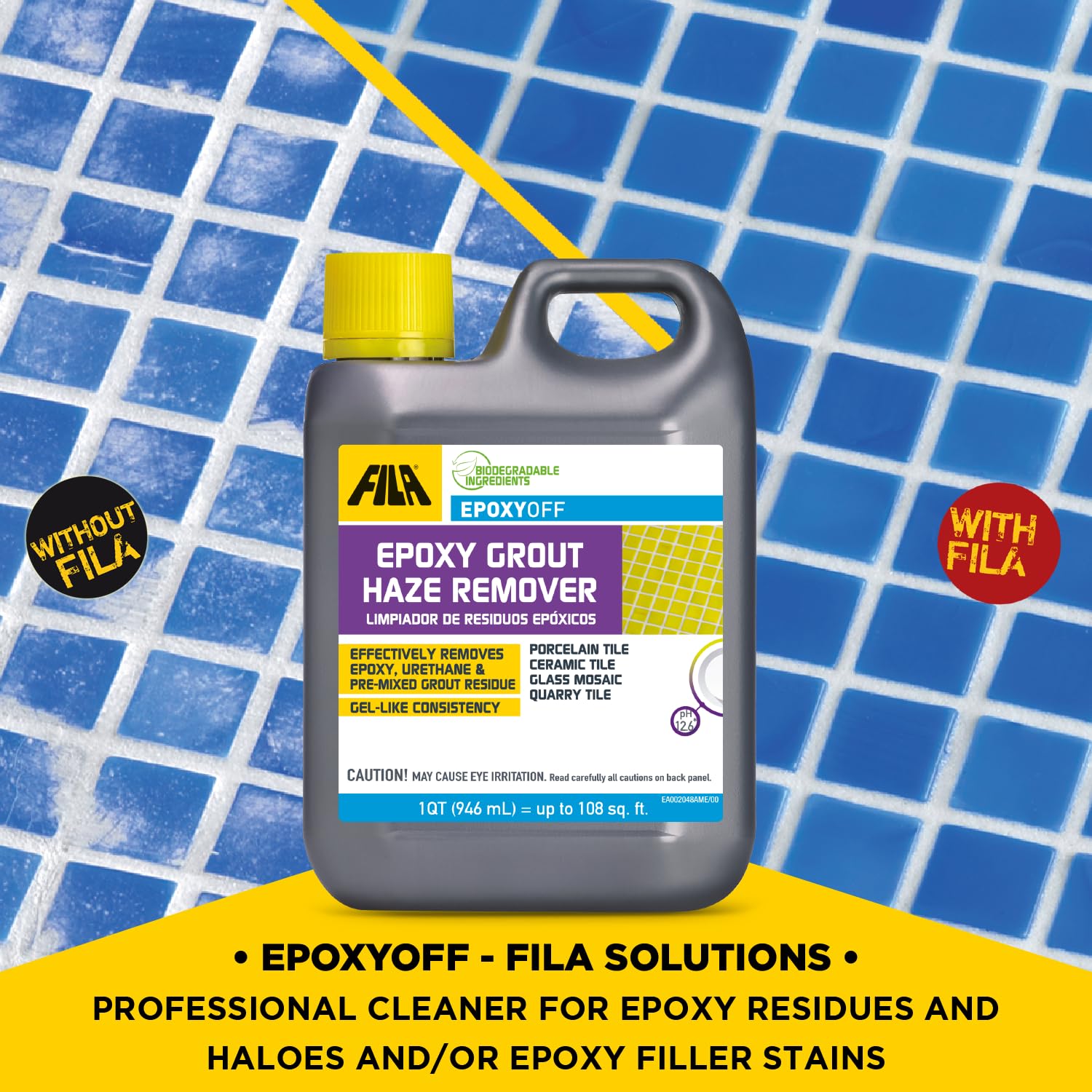 Nonabsorbent surfaces cleaned using EpoxyOFF on ceramic tiles.