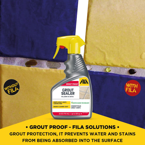 Fila GroutProof 24 oz bottle shown for large-area tile projects