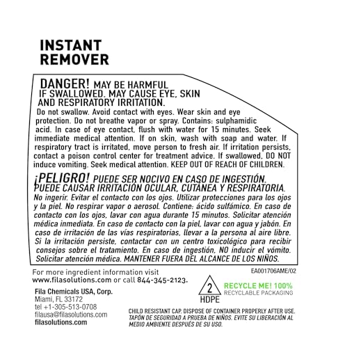 FILA INSTANT REMOVER bottle label close-up highlighting no-rinse claim
