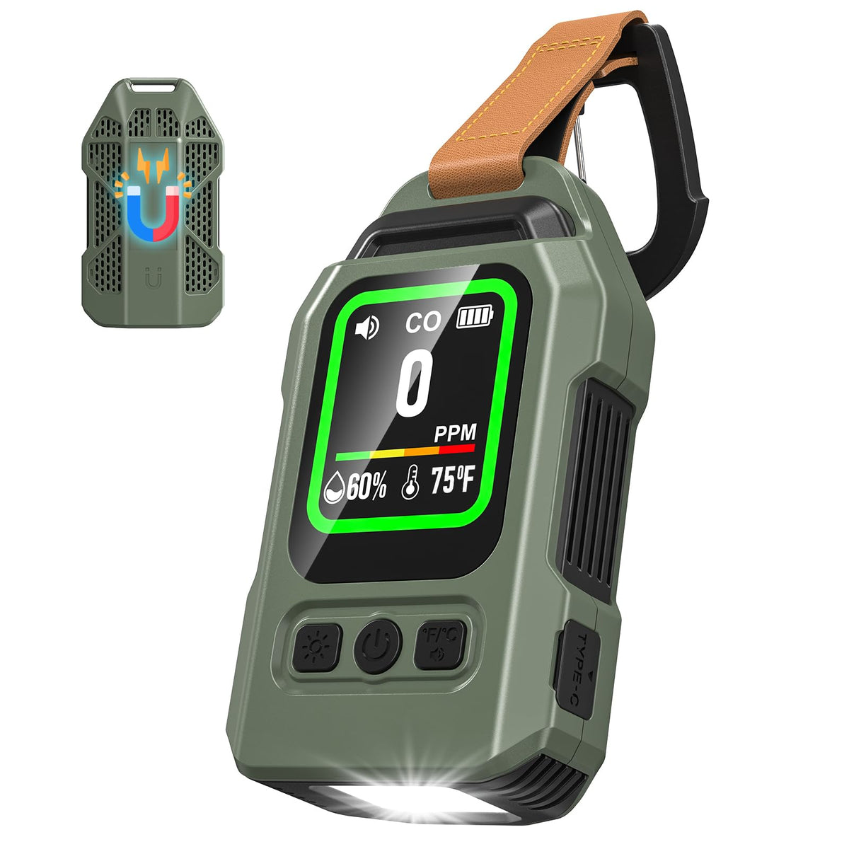 FILINK 4-in-1 CO detector front view, compact travel safety companion.