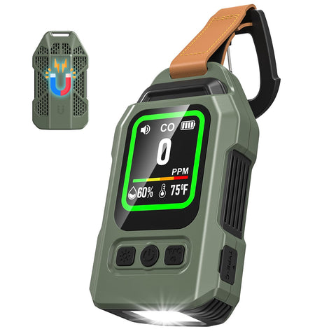 FILINK 4-in-1 CO detector front view, compact travel safety companion.