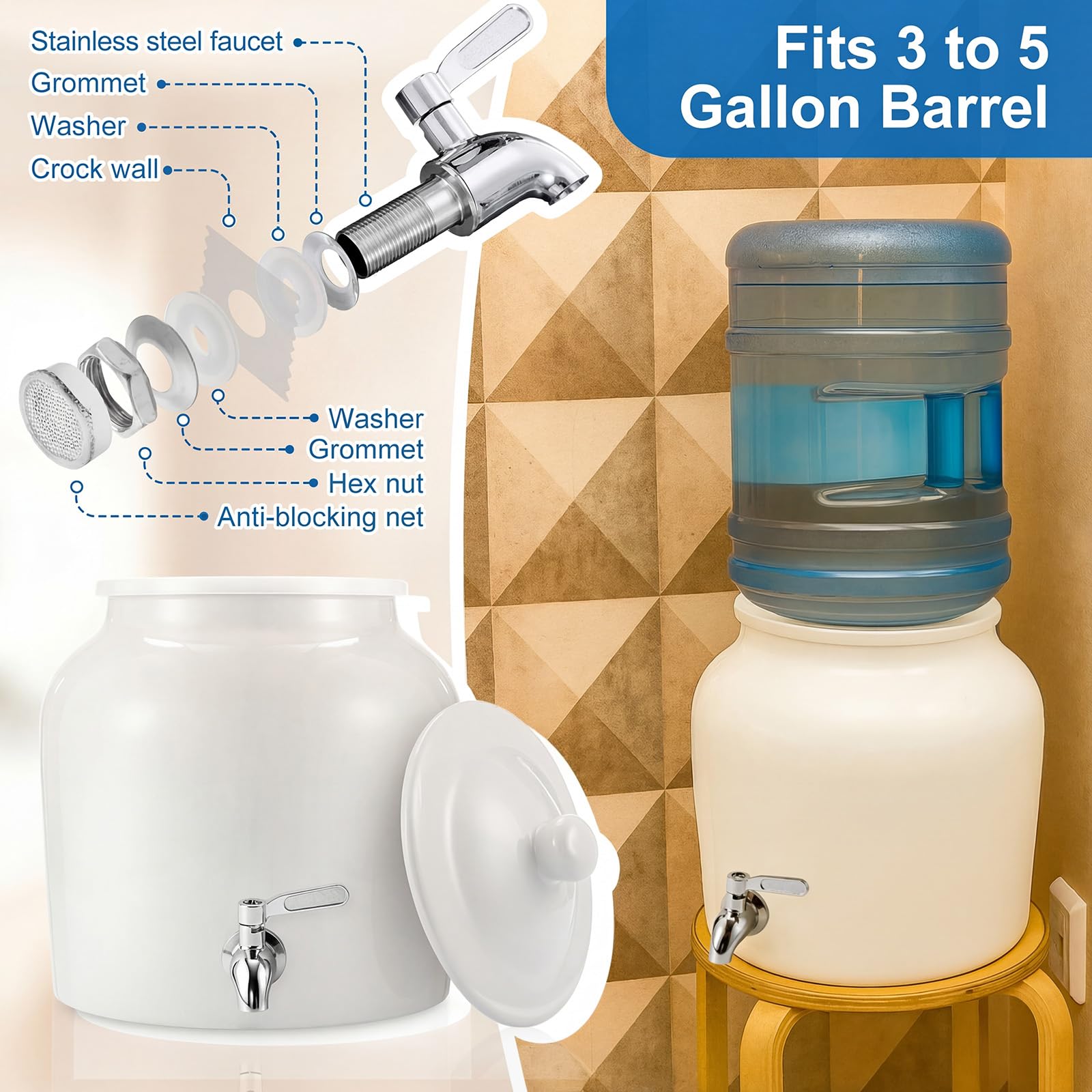 FillTouch crock faucet close-up, stainless steel with silicone ring to prevent leaks.