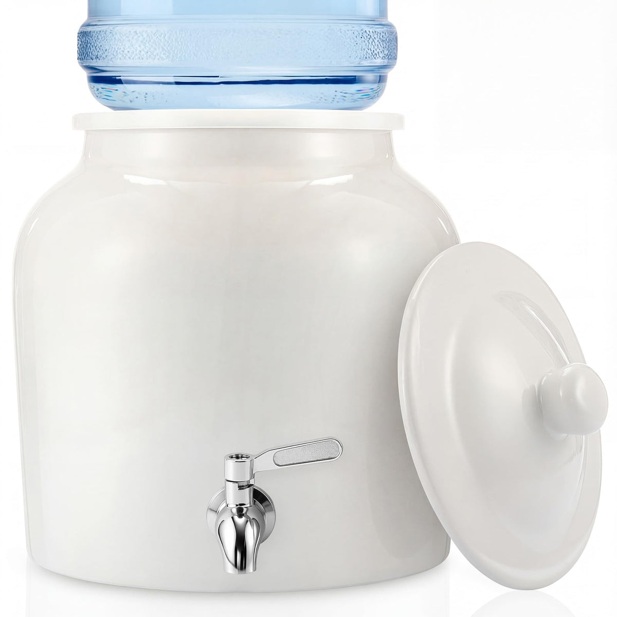 FillTouch ceramic water dispenser crock, front view, compact white design for home hydration.