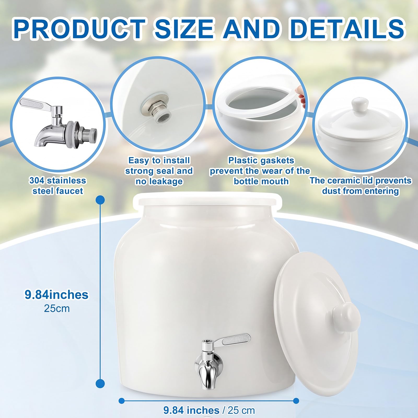 FillTouch ceramic water dispenser crock with lid, showing dust protection in daily use.