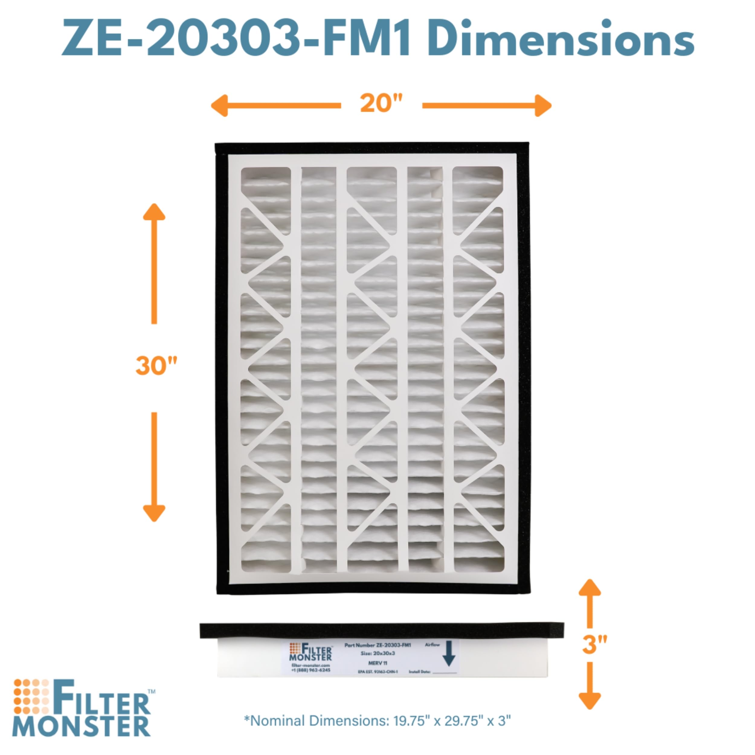 Filter Monster Zephyr VGF 20x30x3 packaging closeup with durable materials