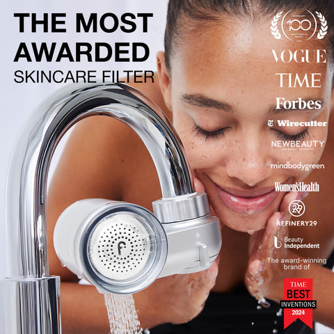 Filterbaby Skincare Filter 2.0 chrome housing detail showing sleek, skin-friendly filtration