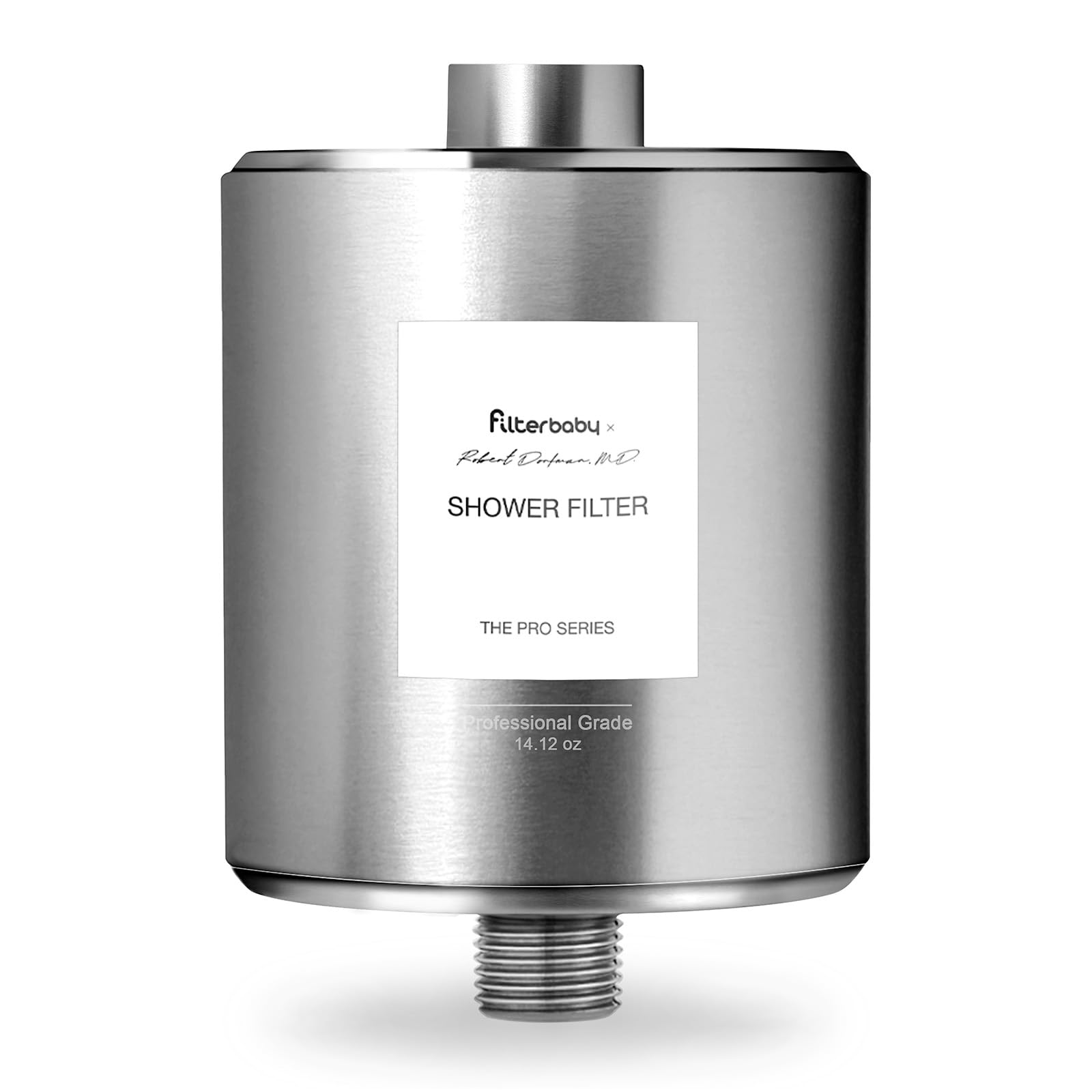 Filterbaby Titanium Shower Filter Pro chrome housing enhances water purity for softer skin.