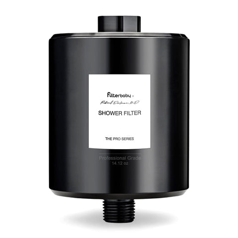 Filterbaby Titanium Shower Filter Pro housing demonstrates durable all-metal construction for reliable filtration.