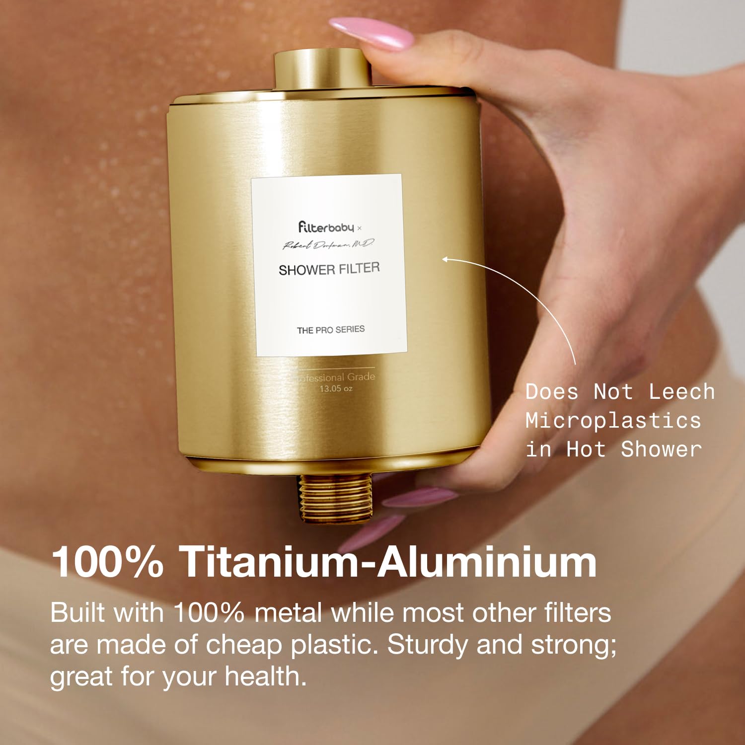 Filterbaby Titanium Shower Filter Pro installation instructions indicate quick, tool-free setup
