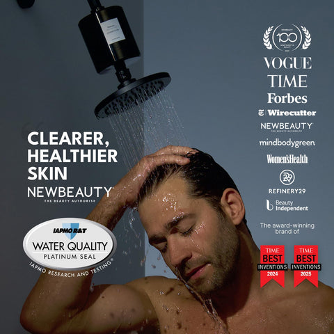 Filterbaby Titanium Shower Filter Pro is installed on a shower wall for quick setup.